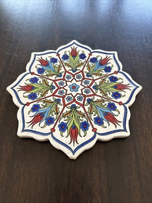 Turkish Iznik Ceramic Trivet Decorative Tile Blue Red Patterns