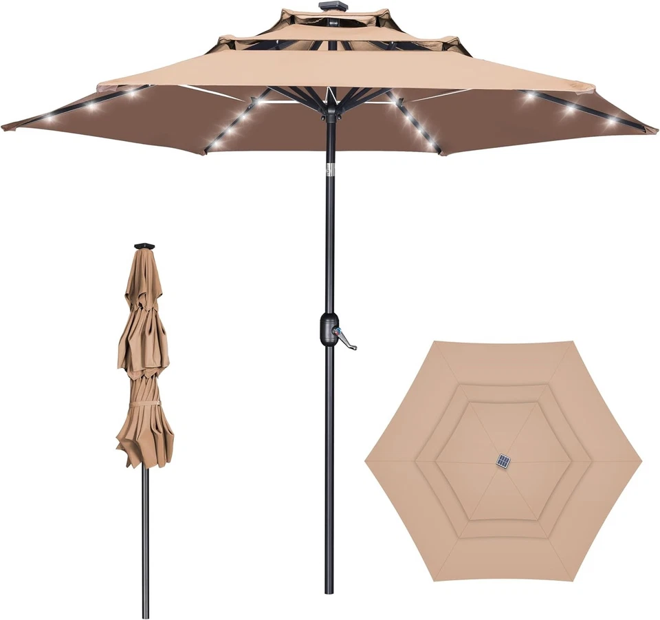 Sombrilla de patio duradera de 9 pies con ventilación y luces LED solares - resistente al óxido Foto 3 de 4