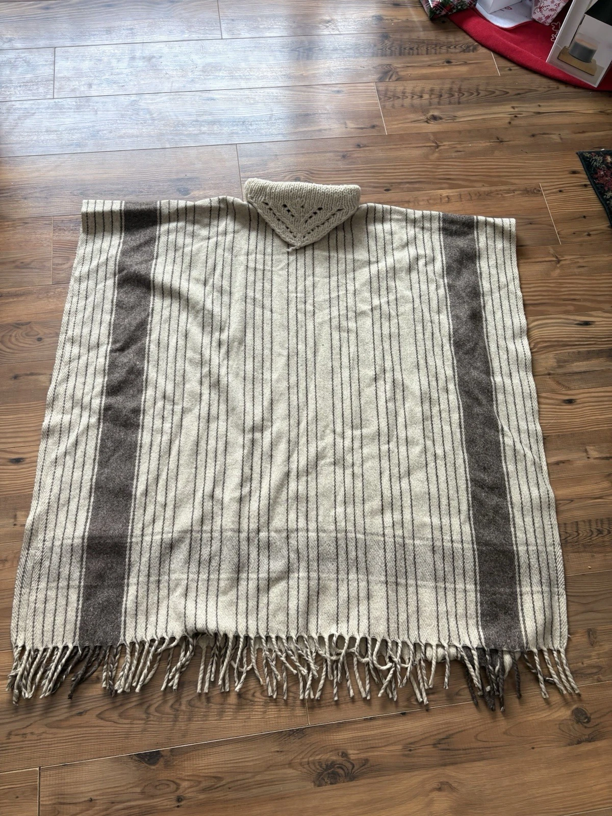 Vintage Wool Poncho Serape Knit Cowl Collar Fringe Neutral Stripe Western Boho