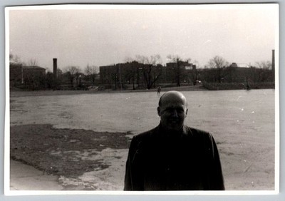 Vtg B&W Snapshot Bald Man In Dark Coat Outdoors Winter Frozen Lake View Late