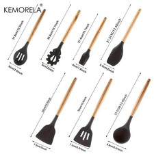 KEMORELA 7PCS Silicone Kitchen Utensil Set with Wooden Handles Heat-Resistant