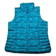 Lands End Floral Puffer Vest Women Large 14-16 Teal Blue Lightweight Insulated