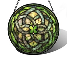 Stained Glass Window Hanging, Abstract Clover Sun Catchers 7.8x7.8 IN Green