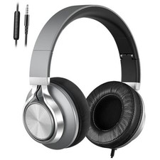 Over Ear Headphones Wired with Microphone - Noise Isolating Corded Grey