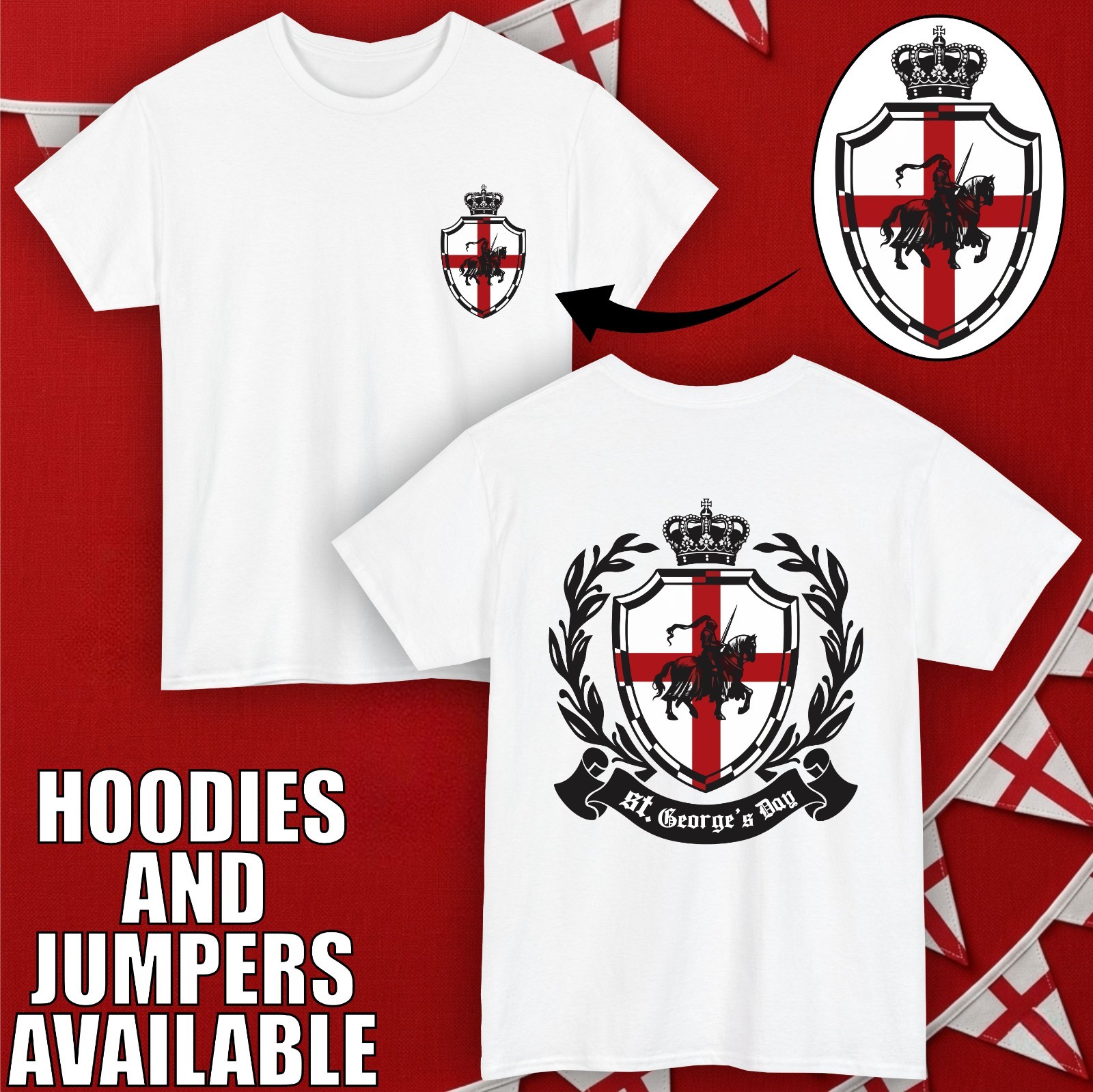 St George’s Day Crest T-Shirt England Knight Shield Front & Back Print Tee Top