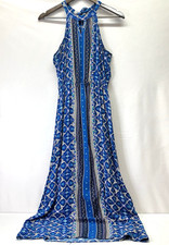 ELLE Womens Blue Bohemian Floral Halter Keyhole Neck Light Maxi Dress Size S