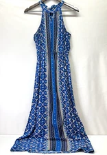 ELLE Womens Blue Bohemian Floral Halter Keyhole Neck Light Maxi  Dress Size S
