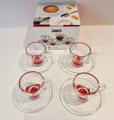 Bialetti Espressotassen & Untertassen Set 4 Glas Rot Italienisch Kaffee Tazzine Verpackt