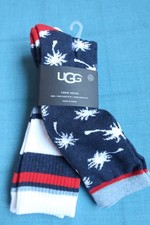 2 Pair UGG Men's Crew Socks Navy Blue Red White Palm Trees Stripes NEW w Tags