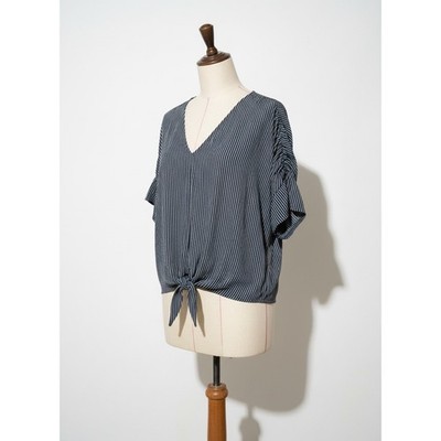 Terra & Sky Womens 3X Grey Striped Ruched Sleeve Tie Front V-Neck Top