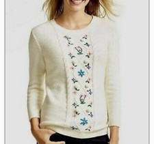 Talbots Embroidered Floral Pullover Sweater Ivory 3/4 Sleeve Women s 3X New