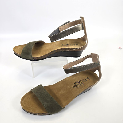 Naot Pixie Cork Olive Khaki Pewter Leather Wedge Sandal Women's 8 EU 39 NEW