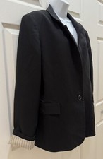 Black Blazer Large Contrast Pinstriped Cuff Lining Fitted Jacket Career Modest