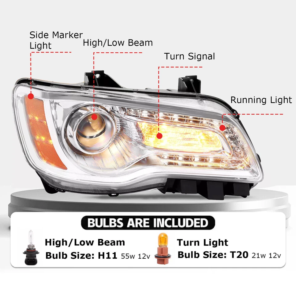Pair Chrome LED DRL Projector Headlights For 2011-2023 15 Chrysler 300 w/ Bulbs Foto 3 de 4