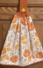 Double hanging kitchen towel Fall Pumpkins leaves crocheted Orange top