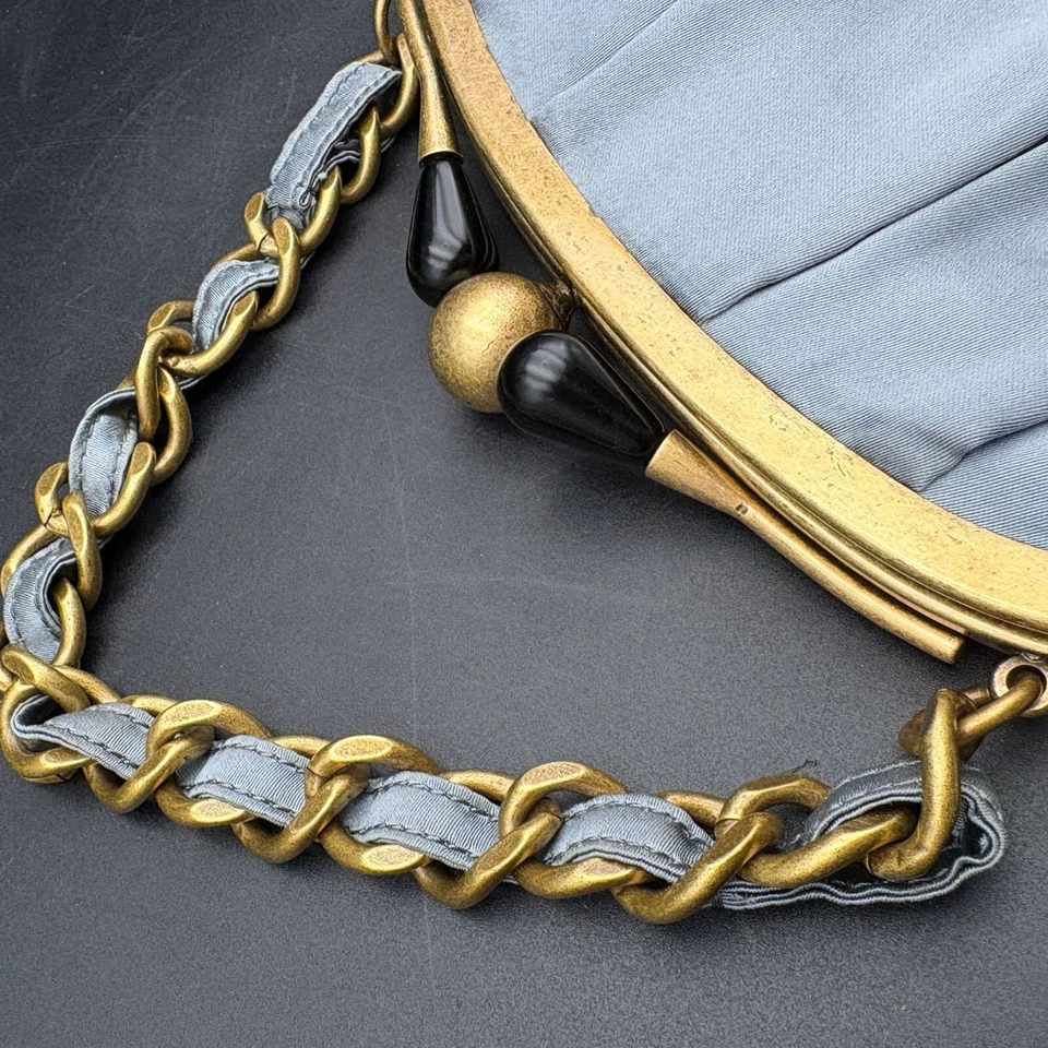 J Crew Dusty Blue Silk Evening Purse Clutch Chain Handle Kiss Lock 3 Section NWT - Image 3 of 4