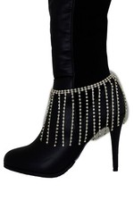 Women Gold Chain Boot Long Silver Elegant Style Fringes Tassel Shoe Charm Dance