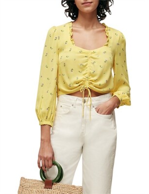 Whistles Top Forget Me Not Drawstring Crop Floral Print Yellow