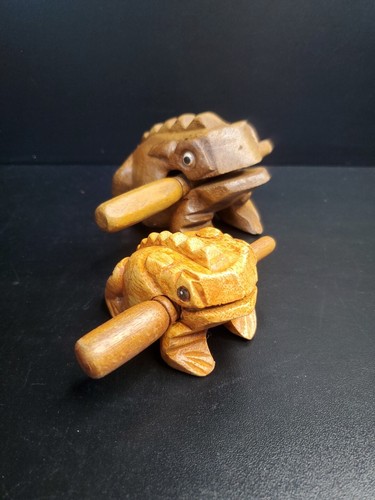 2 Hand Crafted Wooden Croaking Frog Rasp 4.5"  & 3" Percussion Music Instrument