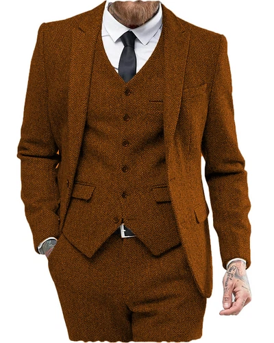 Mens 3 Piece Suit Groom Wedding Wool Blend Tweed Herringbone Suit 42 44 46 48 50 - Picture 17 of 33