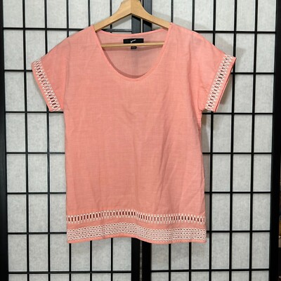 GNW Women Pink Embroidered Sleeve/Hem-line Blouse Short Sleeve Sz Small