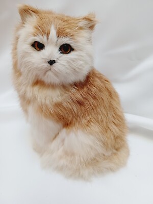 Vintage Sitting Cat White Tan Rabbit Fur Realistic 7.5 in Brown Eyes Figurine 