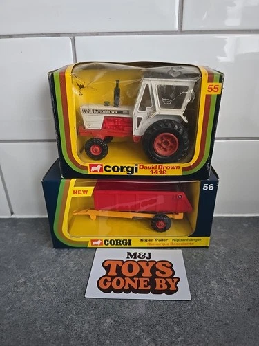 Vintage Boxed Corgi Toys 55 David Brown 1412 Tractor, 56 Tipper Trailer.