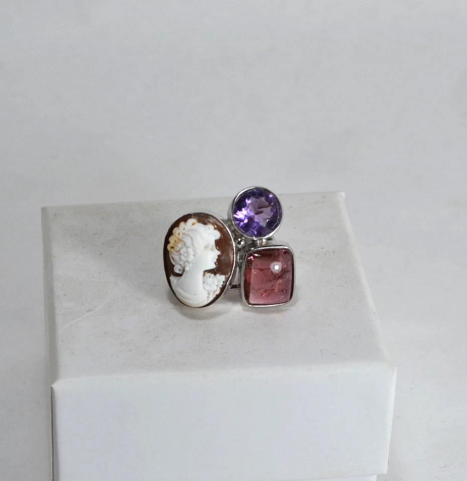 ANELLO ARGENTO 925 CAMMEO SARDONICO TORMALINA AMETISTA REGOLABILE AGNK 0111 - Immagine 2 di 3