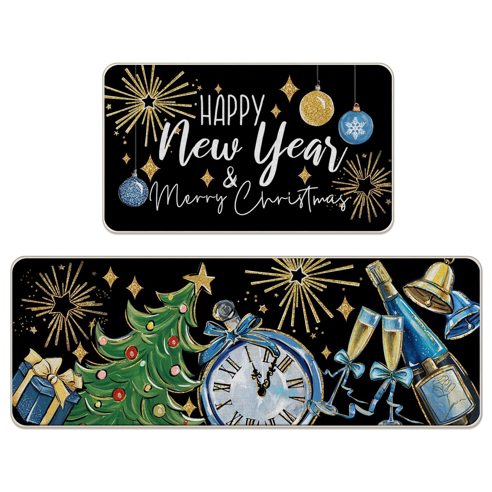 Happy New Year 2025 Merry Christmas Kitchen Rugs Set of 2, Black Gold Xmas Tr...