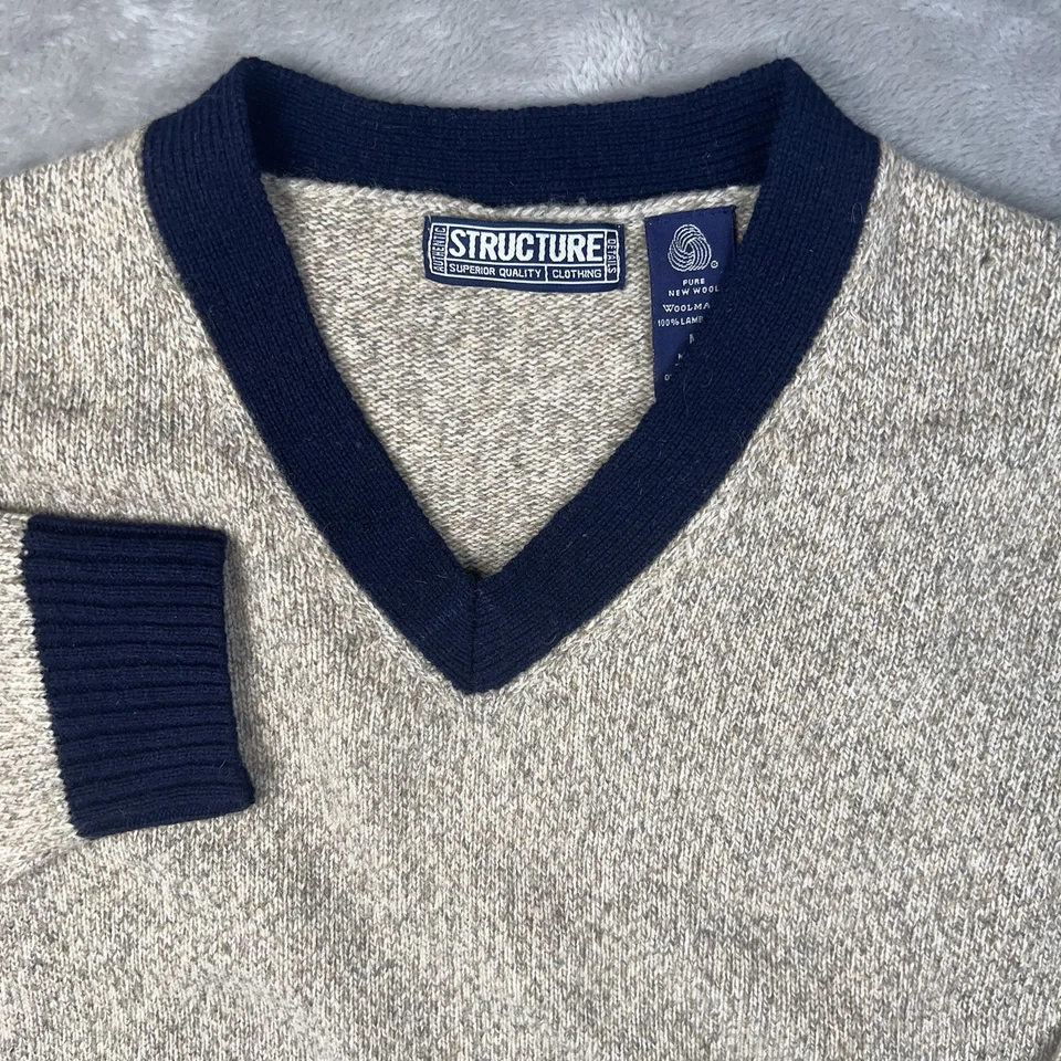 Vtg STRUCTURE Wool Sweater Men’s Medium V-Neck Marled Lambswool Retro Tan Blue - Image 2 of 4