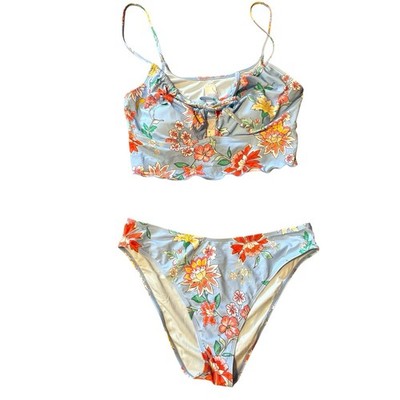 NWT Cupshe Women s Swimsuit Size XL 2 Piece Blue Floral Ruffles