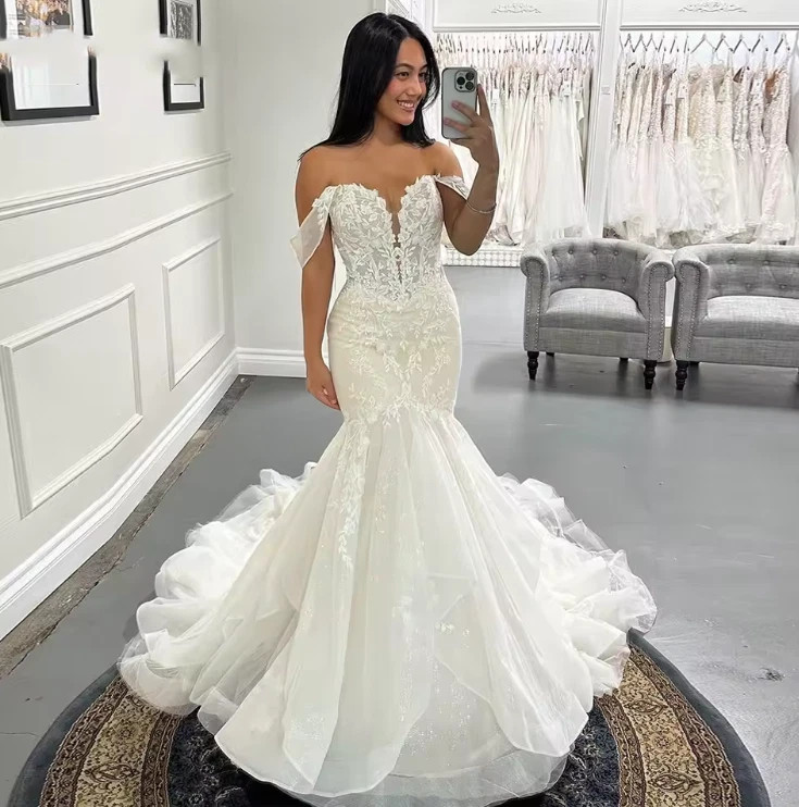 layered lace mermaid wedding dress Off Shoulder Applique Tiered Tulle Bridal Gown Train BACKLESS LONG DRESSES