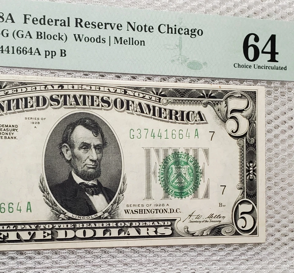 1928 A $5 Federal Reserve Note Numerical Green Seal Chicago PMG Choice UNC 64 - Image 4 of 4