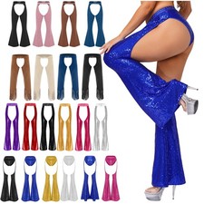 Women Sequin Bell Bottom Pants Chaps Sparkle Flared Trousers Cowgirl Clubwear
