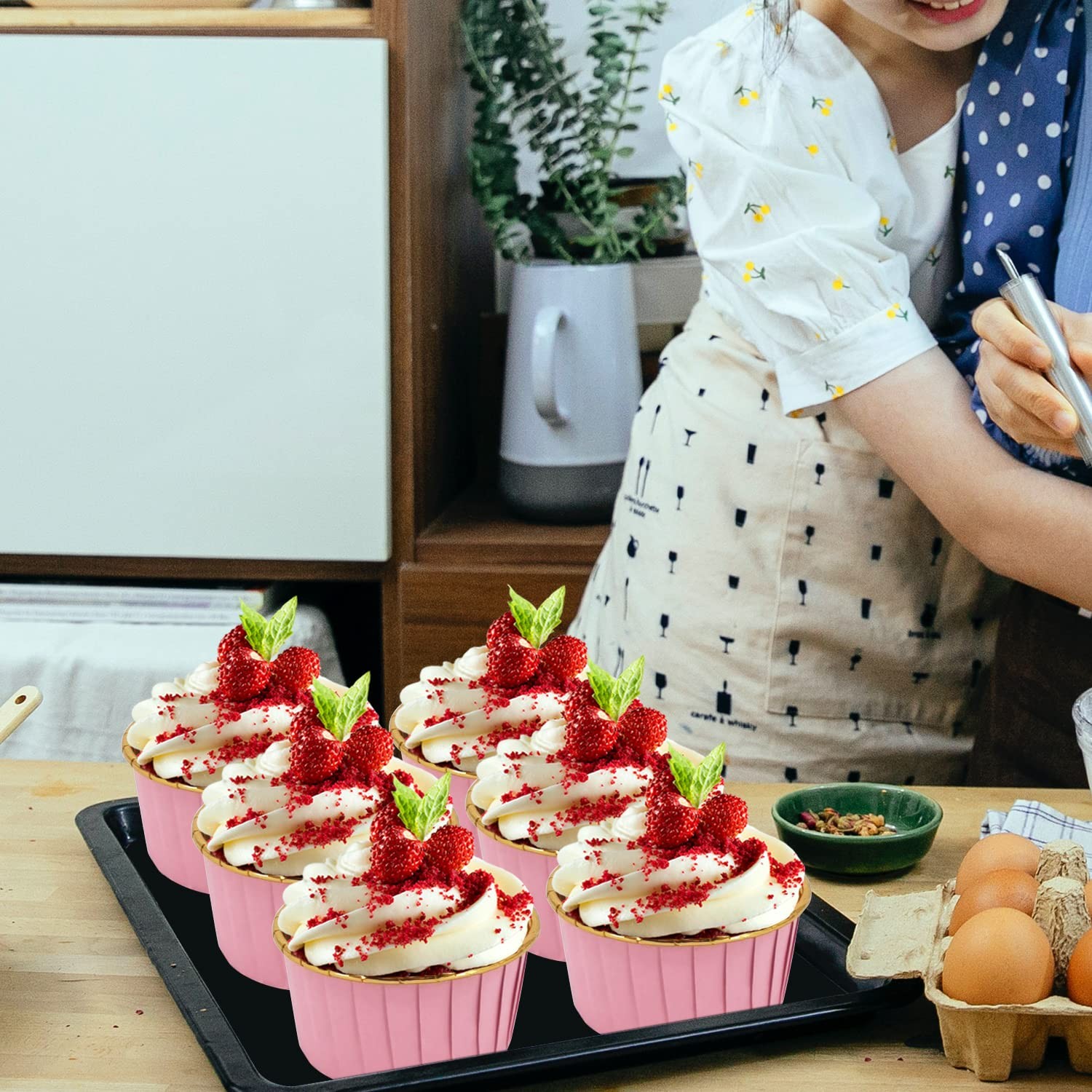 50 Foil Cupcake Liners with Clear Dome Lids, 5oz Large Capacity, Oven Safe