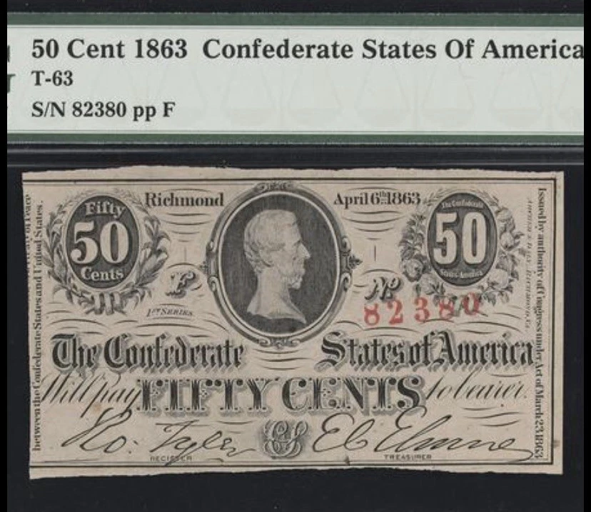 PMG UNC62. T-63 1863 Confederate States 50 Cents 50c Civil War Banknote Currency - Image 3 of 4