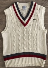 Vintage Izod Lacoste Sweater Vest Cable Knit V Neck Tennis Ivory Sz L 80s Preppy