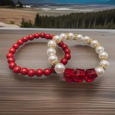 2 PC 6 Plus Stretch Faux Pearl Stackable Bracelet Set Bead New Free Ship C735
