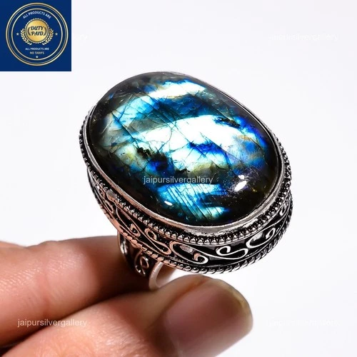 Third Eye Chakra Natural Labradorite New Vintage Bezel Ring Size 9.25 925 Silver