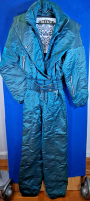 Vintage NILS 80s 90s One Piece Ski Suit Womens Size 8 Teal Snowsuit Belted NWOT