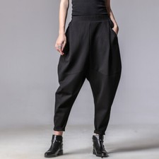 Women Loose Crotch Baggy Harem Pants Elastic Waist Drop Long Black Soft Trousers