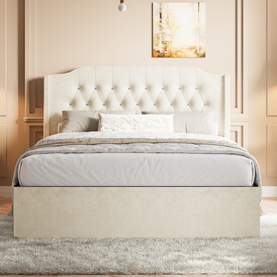 Queen Size Tufted Upholstered Bed with Crystal Button Wingback Headboard, Beige