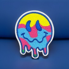 MELTING SMILEY FACE EMBROIDERED IRON ON PATCH 80  s - 2.75  X 2.25  