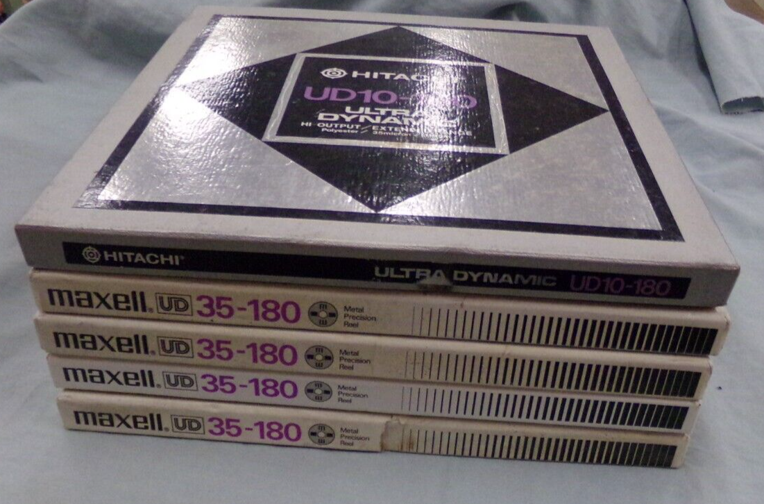 LOT OF 4 Maxell 35-180 Reel to Reel Tapes & 1 Hitachi Ultra