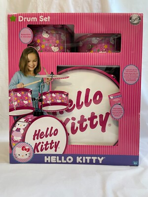 NEW SEALED AUTHENTIC HELLO KITTY DRUM SET BASS SNARE CYMBAL TOM PEDAL  TUNNING