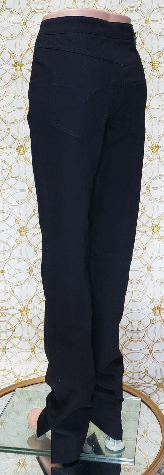 NUOVI JEANS STRETCHY NERI VERSACE con ALLACCIATURA BLU taglia 28