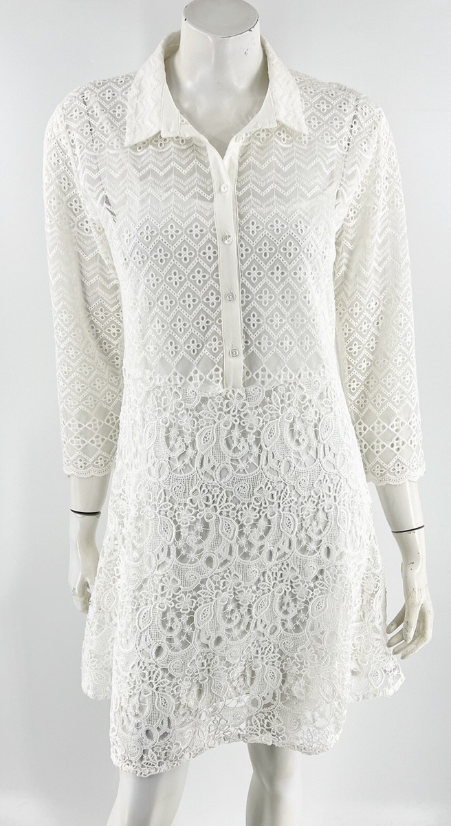 desigual white lace dress Desigual Lace Dress Size 42 US 10 White Collared Layered Fit Flare Womens
