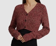  325 Helmut Lang Women Red Cropped V-Neck "Mouline" Cardigan Sweater Size XS