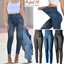 Women's Faux Denim Jeans Leggings High Waist Tummy Control Printed Pencil Pants