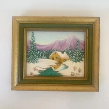 Winter Landscape Painting Evelyn Wiegand Framed Illinois Artist House Mountain